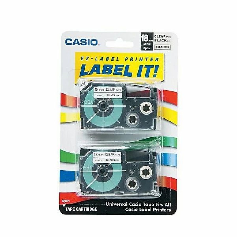 Label Maker Tapes & Printer Labels * | Casio Tape Cassette For Label Printers Casio Xr-18X2S Label Maker Tapes, 0.71 W, Black On Clear, 2/Pack